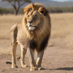 A majestic lion standing proud on a sunny Savannah, his golden mane blowing slightly in the wind.