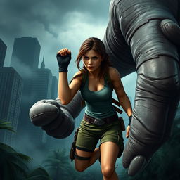 Lara Croft, in her iconic adventurer outfit of a tank top and cargo shorts, is grasped in the giant hand of King Kong