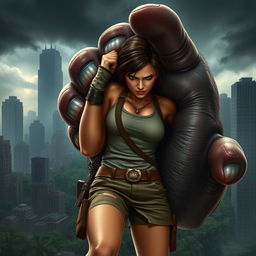 Lara Croft, in her iconic adventurer outfit of a tank top and cargo shorts, is grasped in the giant hand of King Kong