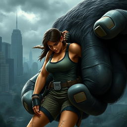 Lara Croft, in her iconic adventurer outfit of a tank top and cargo shorts, is grasped in the giant hand of King Kong