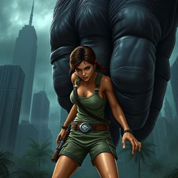 Lara Croft, in her iconic adventurer outfit of a tank top and cargo shorts, is grasped in the giant hand of King Kong