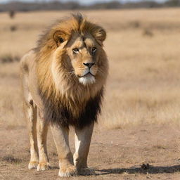 A majestic lion standing proud on a sunny Savannah, his golden mane blowing slightly in the wind.