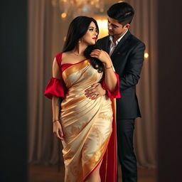 a voluptuous and alluring Thai woman with a captivating figure, dressed in a seductive mekhela chadar featuring a cream, golden, and red color combination, with a striking red blouse, paired with stylish high heels