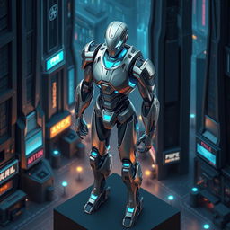 A futuristic isometric scene featuring a highly detailed and intricately designed robot, with a sleek metallic body and glowing blue accents