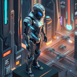 A futuristic isometric scene featuring a highly detailed and intricately designed robot, with a sleek metallic body and glowing blue accents