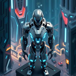 A futuristic isometric scene featuring a highly detailed and intricately designed robot, with a sleek metallic body and glowing blue accents