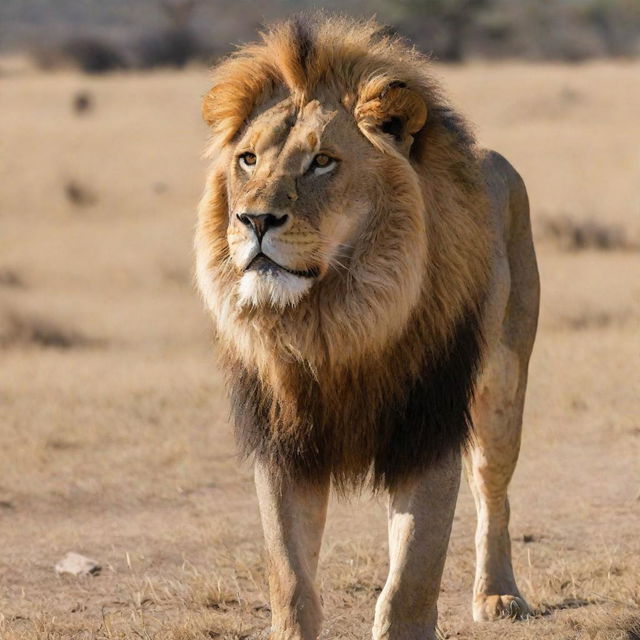 A majestic lion standing proud on a sunny Savannah, his golden mane blowing slightly in the wind.