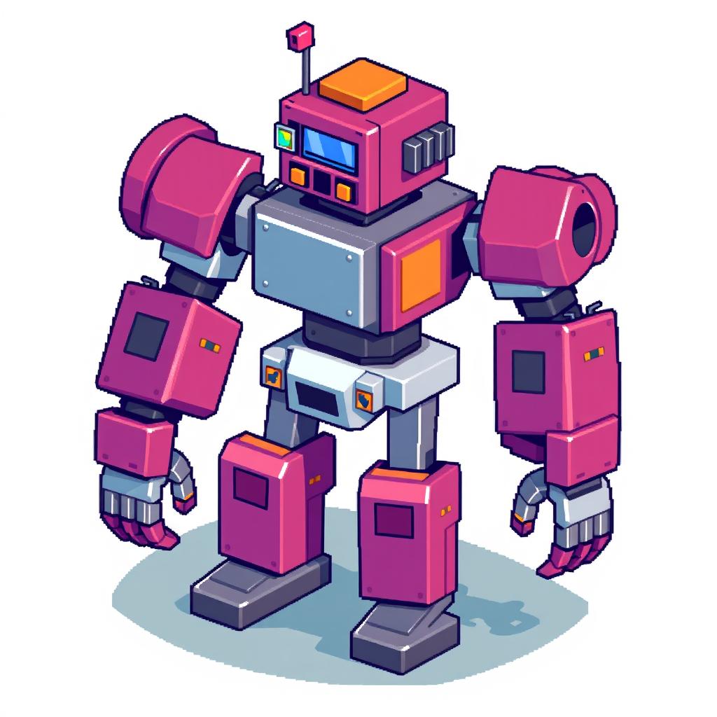 An isometric 8-bit robot with a retro, nostalgic vibe, featuring blocky shapes and vibrant pixel art