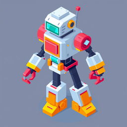 An isometric 8-bit robot with a retro, nostalgic vibe, featuring blocky shapes and vibrant pixel art