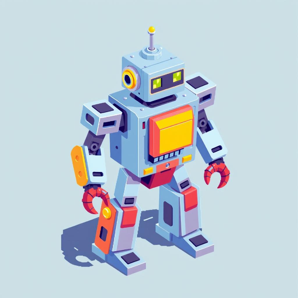 An isometric 8-bit robot with a retro, nostalgic vibe, featuring blocky shapes and vibrant pixel art