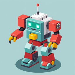 An isometric 8-bit robot with a retro, nostalgic vibe, featuring blocky shapes and vibrant pixel art