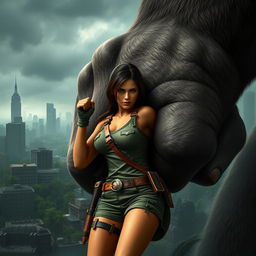 Lara Croft in her classic adventurer outfit is squeezed by the massive fist of King Kong