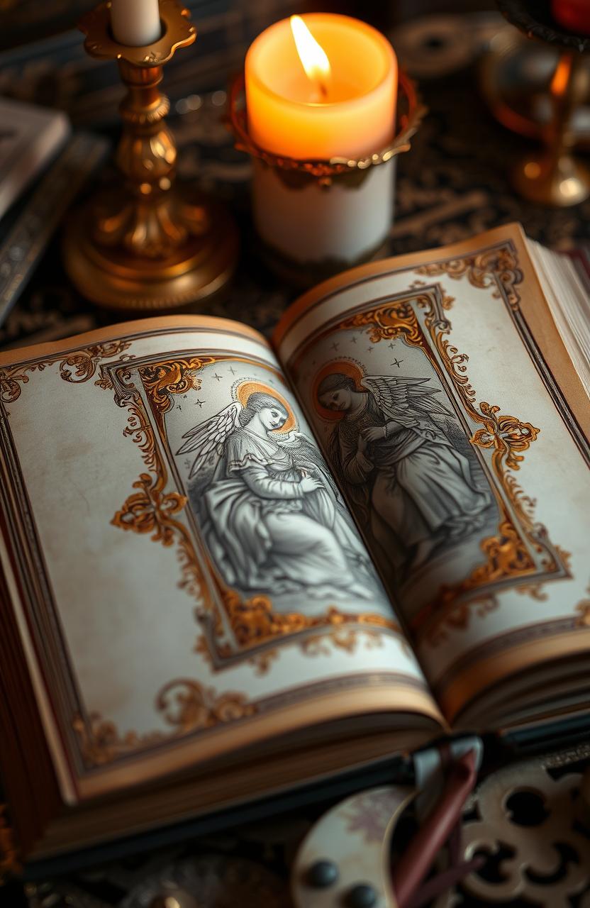 A beautifully crafted ancient religious book with ornate golden bindings and intricate illustrations