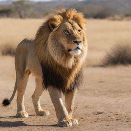 A majestic lion standing proud on a sunny Savannah, his golden mane blowing slightly in the wind.