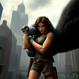 Lara Croft in her classic adventurer outfit is squeezed by the massive fist of King Kong