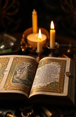 A beautifully crafted ancient religious book with ornate golden bindings and intricate illustrations