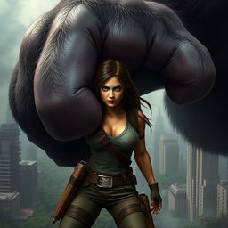 Lara Croft in her classic adventurer outfit is squeezed by the massive fist of King Kong