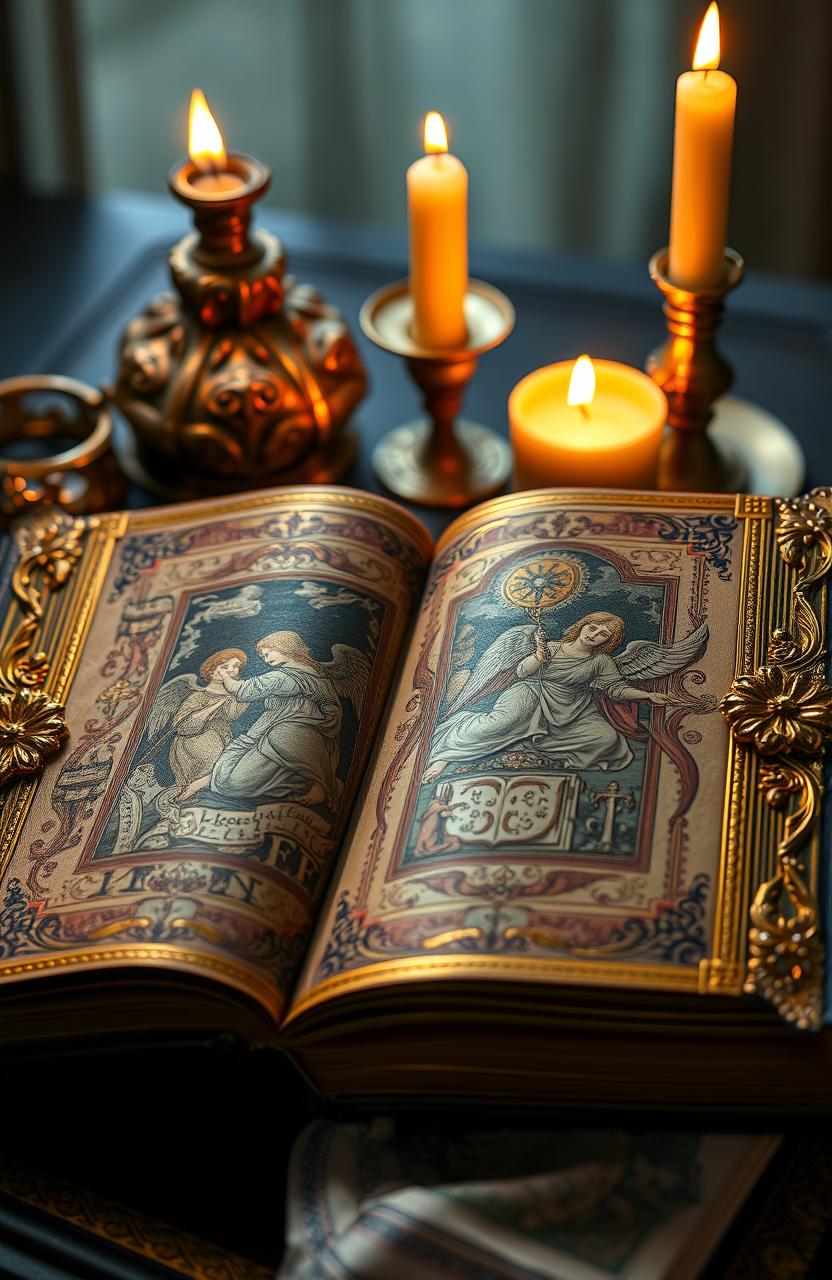 A beautifully crafted ancient religious book with ornate golden bindings and intricate illustrations