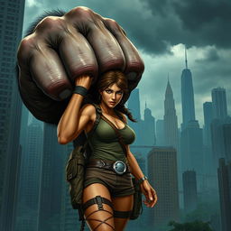 Lara Croft in her classic adventurer outfit is squeezed by the massive fist of King Kong