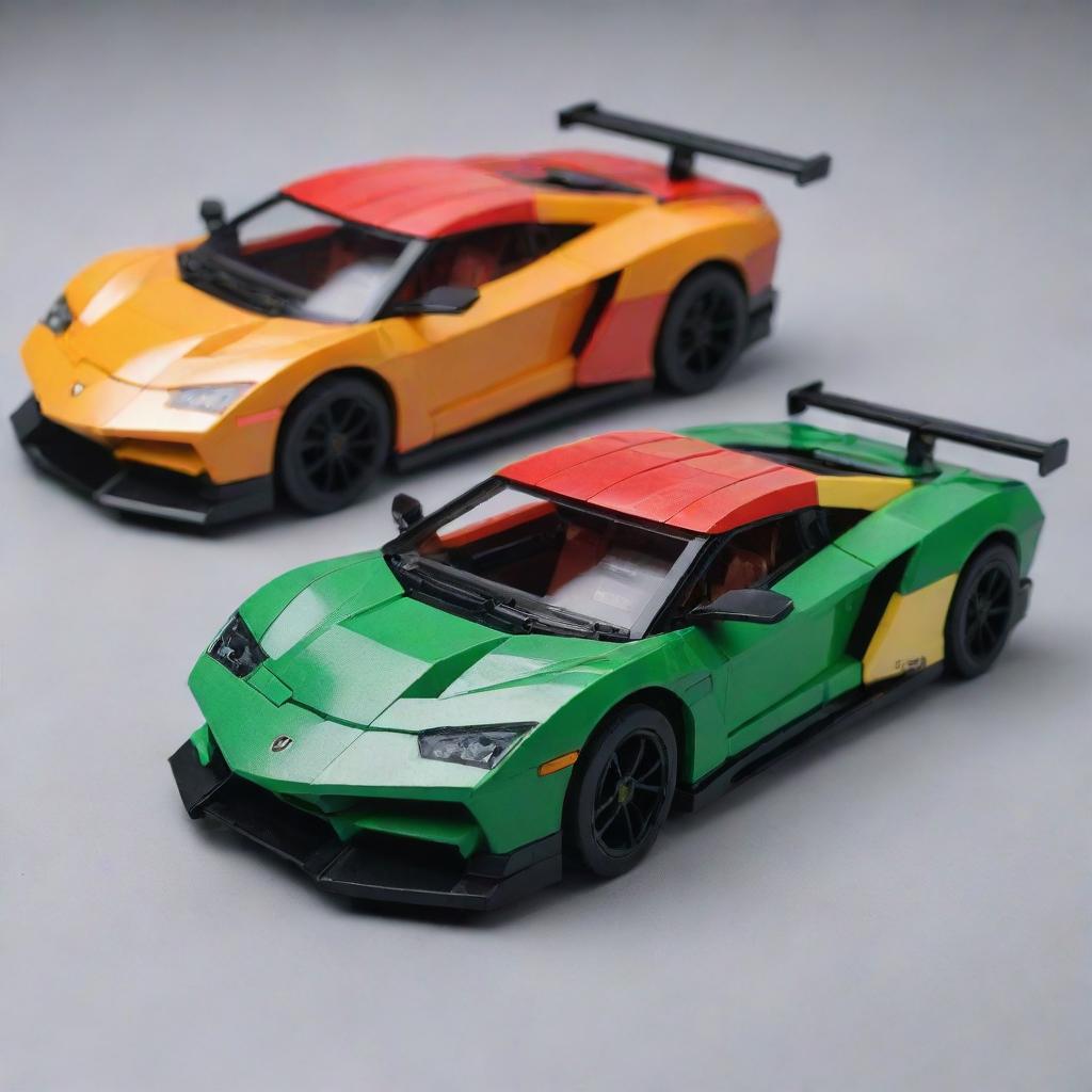 A detailed image of a Lego Lamborghini Sian and a Lego GT-R posed next to each other with vibrant colors and sharp contours, depicting the intricate craftsmanship.