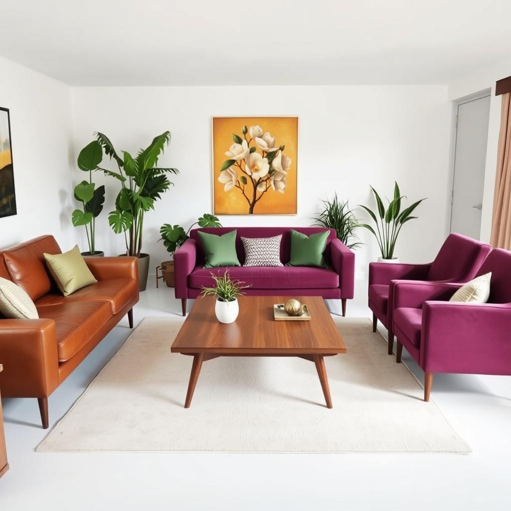 A midcentury modern apartment living room with crisp white walls