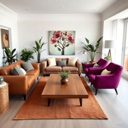 A midcentury modern apartment living room with crisp white walls