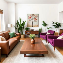 A midcentury modern apartment living room with crisp white walls