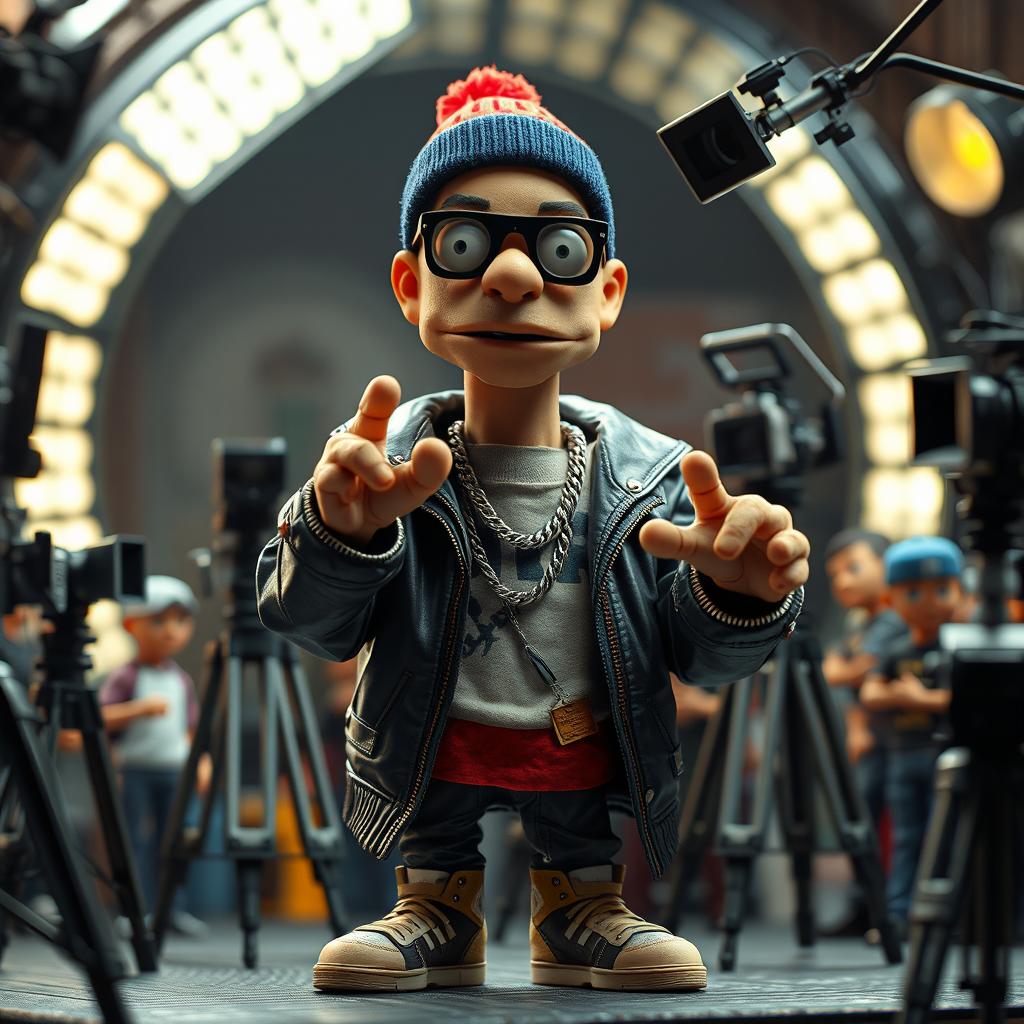 Concept art featuring a Russian rapper designed as a stop-motion puppet on the film set of Robot Chicken