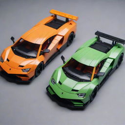 A detailed image of a Lego Lamborghini Sian and a Lego GT-R posed next to each other with vibrant colors and sharp contours, depicting the intricate craftsmanship.