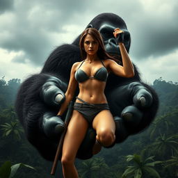 Lara Croft, in a sleek and stylish bikini, is held in the giant hand of King Kong