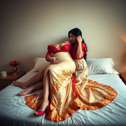 a voluptuous and alluring Thai woman with a beautiful, captivating figure, wearing a seductive mekhela chadar in cream, golden, and red colors, complemented by a striking red blouse and stylish high heels