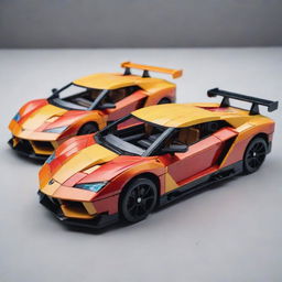 A detailed image of a Lego Lamborghini Sian and a Lego GT-R posed next to each other with vibrant colors and sharp contours, depicting the intricate craftsmanship.