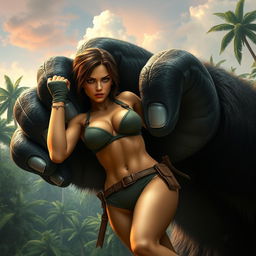 Lara Croft, wearing a sleek bikini, is securely grasped in the giant fist of King Kong