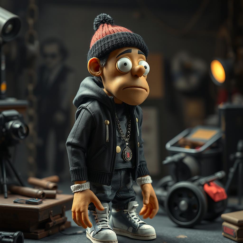 Concept art featuring a Russian rapper designed as a stop-motion puppet in the style of Anomalisa, on a film set from the movie Anomalisa