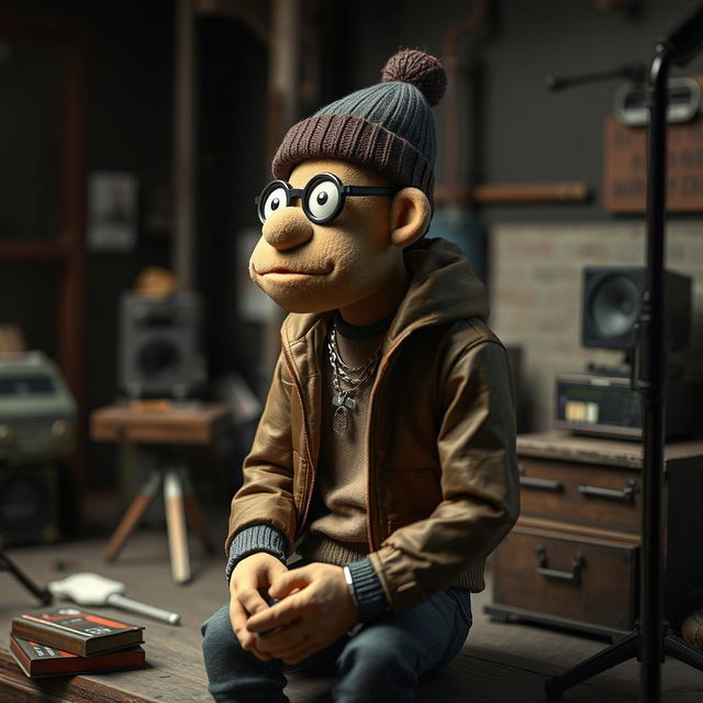 Concept art featuring a Russian rapper designed as a stop-motion puppet in the style of Anomalisa, on a film set from the movie Anomalisa