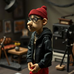 Concept art featuring a Russian rapper designed as a stop-motion puppet in the style of Anomalisa, on a film set from the movie Anomalisa