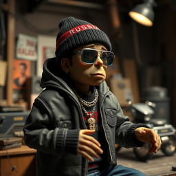 Concept art featuring a Russian rapper designed as a stop-motion puppet in the style of Anomalisa, on a film set from the movie Anomalisa