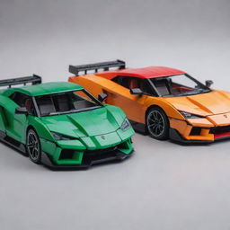 A detailed image of a Lego Lamborghini Sian and a Lego GT-R posed next to each other with vibrant colors and sharp contours, depicting the intricate craftsmanship.