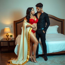 a voluptuous and alluring Thai woman with a captivating figure, displaying a sense of romance and intimacy with her boyfriend in a bedroom setting