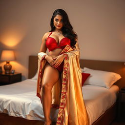 a voluptuous and alluring Thai woman with a captivating figure, displaying a sense of romance and intimacy with her boyfriend in a bedroom setting