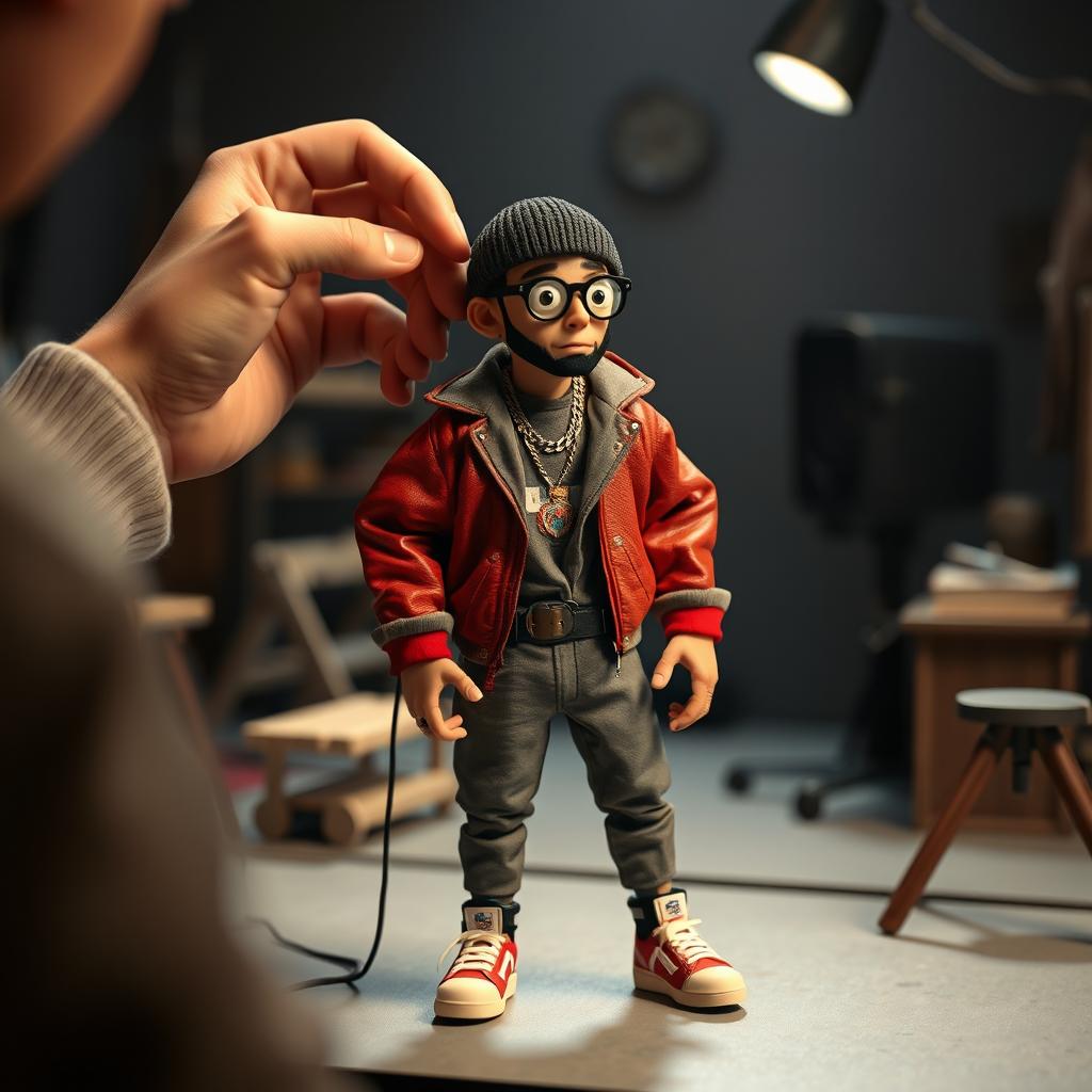 Concept art featuring a Russian rapper designed as a stop-motion puppet in the style of Anomalisa, being animated by an animator's hands on a film set from Anomalisa