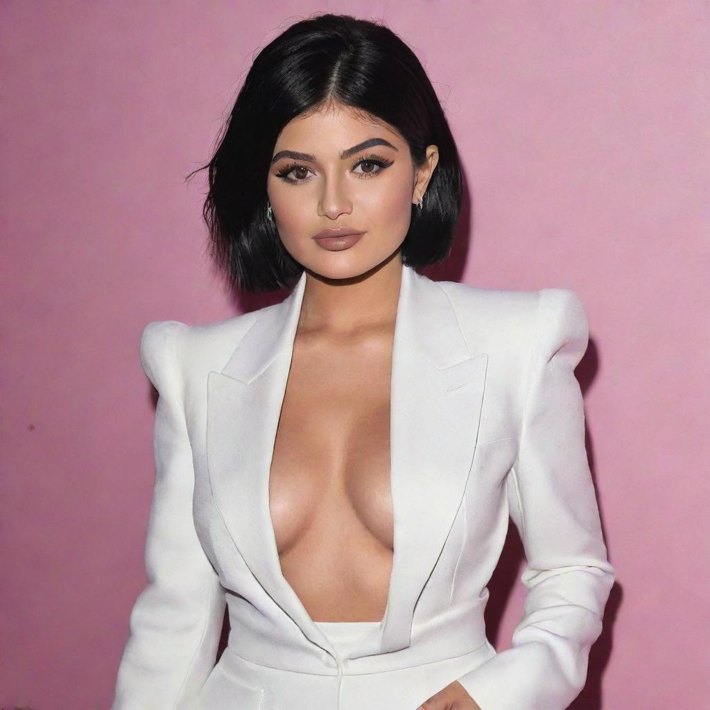 Generate an image of Kylie Jenner in a stylish outfit at a VIP event. Focus on capturing her fashion-forward style and charisma.