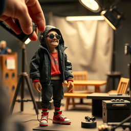 Concept art featuring a Russian rapper designed as a stop-motion puppet in the style of Anomalisa, being animated by an animator's hands on a film set from Anomalisa