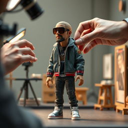 Concept art featuring a Russian rapper designed as a stop-motion puppet in the style of Anomalisa, being animated by an animator's hands on a film set from Anomalisa