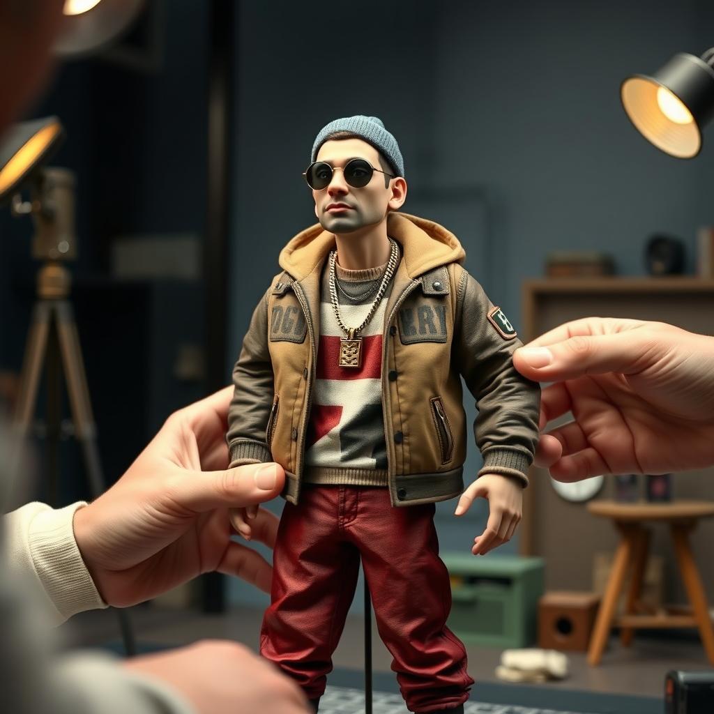 Concept art featuring a Russian rapper designed as a stop-motion puppet in the style of Anomalisa, being animated by an animator's hands on a film set from Anomalisa