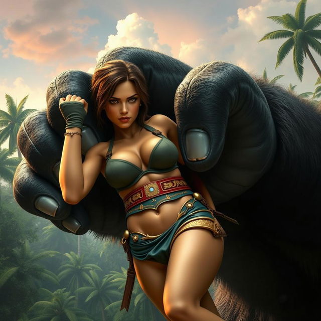 Lara Croft is enclosed within the massive fist of King Kong, with her body partially visible between the fingers