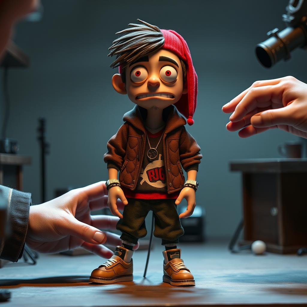 Concept art depicting a Russian rapper designed as a stop-motion puppet in the style of ParaNorman, being animated by an animator's hands on the film set of ParaNorman