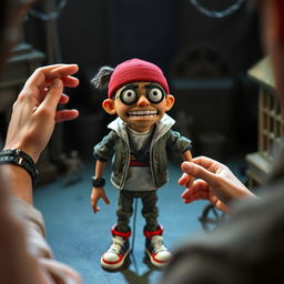 Concept art depicting a Russian rapper designed as a stop-motion puppet in the style of ParaNorman, being animated by an animator's hands on the film set of ParaNorman