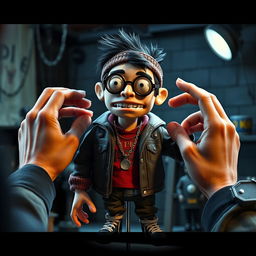 Concept art depicting a Russian rapper designed as a stop-motion puppet in the style of ParaNorman, being animated by an animator's hands on the film set of ParaNorman