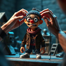 Concept art depicting a Russian rapper designed as a stop-motion puppet in the style of ParaNorman, being animated by an animator's hands on the film set of ParaNorman